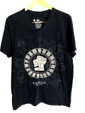MAYAN VILLAGE-MENS BLUE SHORT SLEEVE ORGANIC COTTON GRAPHIC T-SHIRT SIZE LARGE